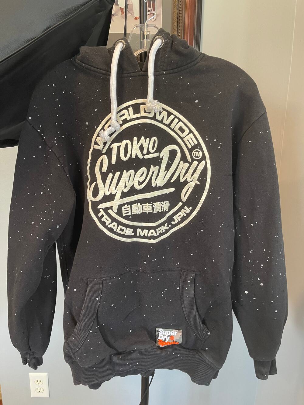 Superdry Hoodie Mens S Black Tokyo Worldwide Graphic Speckled Paint Splatter
